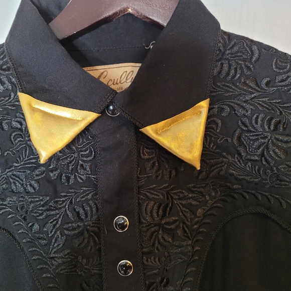 VTG Scully Men Western Snaps Button Shirt Size Medium Black Embroidered Floral - Picture 2 of 16